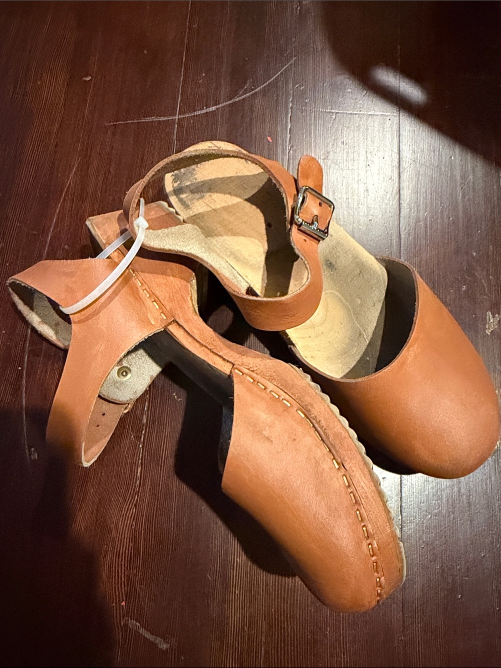 SWEDISH CLOGS, wooden sole, Brown Leather May Jane Buckle Clog Flats, Sz 40
